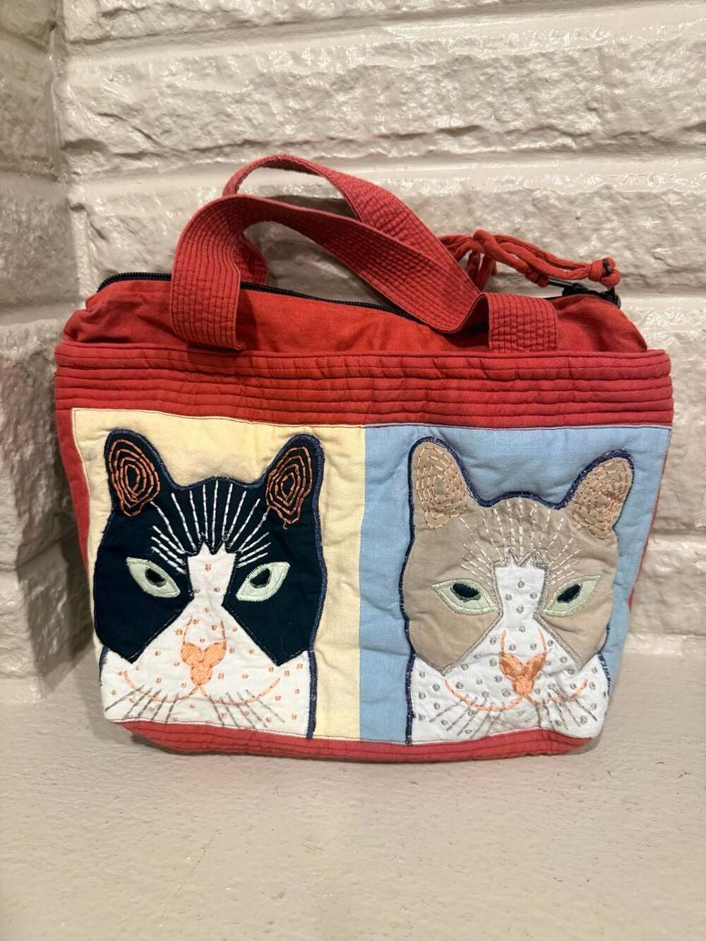 The Paragon Quilted Embroidered Cat Tote Bag Red Multi Grannycore